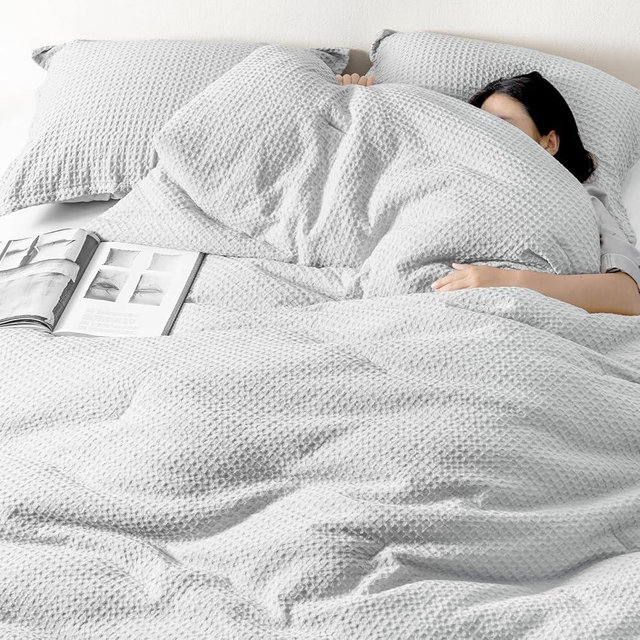 David's Home Waffle Weave Comforter Set 3PCS King Size, Soft Breathable Lightweight Warm for All Season, Aesthetic Home Decor Bedding Set Collection, 1 Comforter with 2 Pillow Shams, Light Grey