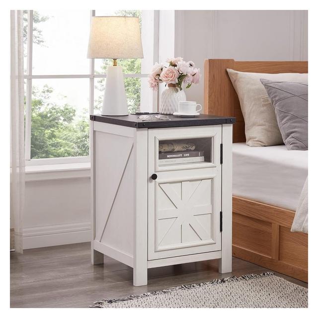 SinCiDo Nightstand w/ Charging Station, 18″ Farmhouse Night Stand w/ Adjustable Shelf, Wooden Rustic End Table Side Table, White