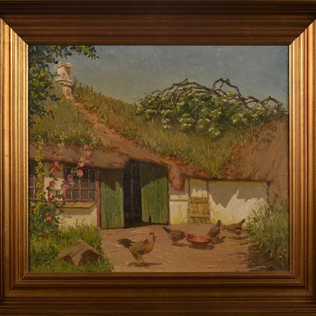 Vintage original paintings, summer landscape, framed oil painting, bird yard, art and collectibles, kitchen decor