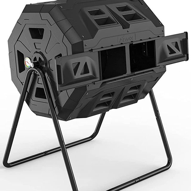 2021 Upgraded Tumbling Composter with Compost Thermometer - Dual Chamber Garden Compost Bin(43 Gal, Black)
