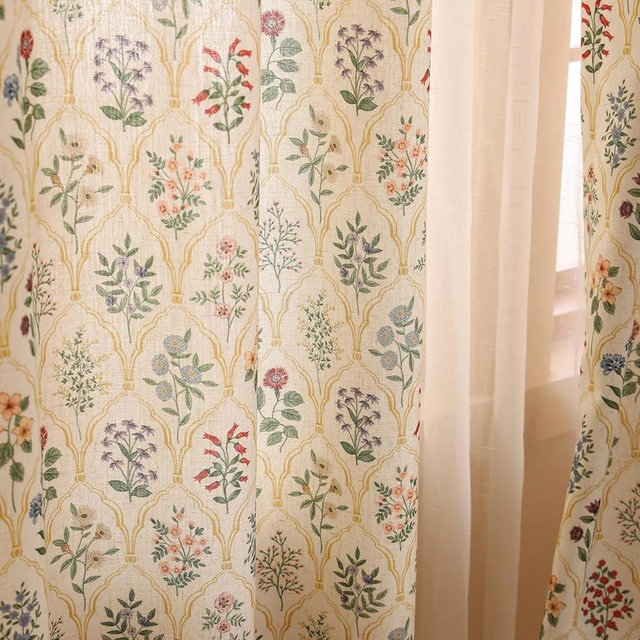 ISAENNE Vintage Semi Blackout Colorful Floral Curtains,Linen Home Decor Curtain with Grommets for Bedroom Living Room Kitchen Bedroom Window,2 Panels 65 Inches Wide by 63 Inches Long -Serenity B