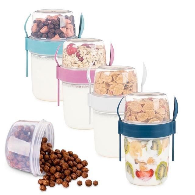 EYNEL 4 Pack On The Go 22 oz Breakfast Cups with Lids and Spoon, Reusable Cereal Yogurt Cup with Topping Plastic Overnight Oats Container for Granola Oatmeal (22 oz - 4 Pack)