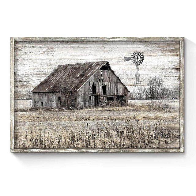 Farmhouse Picture Framed Wall Art: Rustic Old Barn Wood Print Vintage Windmill Picture Quiet Brown Rural Office Artwork Country Landscape Farm Painting Ready to Hang for Living Room Bedroom