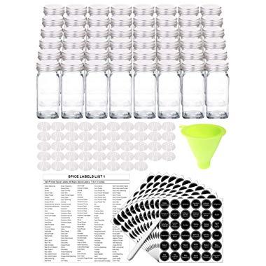 SWOMMOLY 48 Glass Spice Jars with 396 Spice Labels, Chalk Marker and Funnel Complete Set. 48 Square Glass Jars 4OZ, Airtight Cap, Pour/sift Shaker Lid