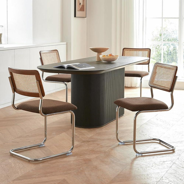 GrandNoor Brown Rattan Dining Chairs Set of 4,Wooden Mid-Century Modern Kitchen Chairs, Mesh Back Cane Dining Room Chairs, Cesca Design Chairs with Metal Chrome Legs