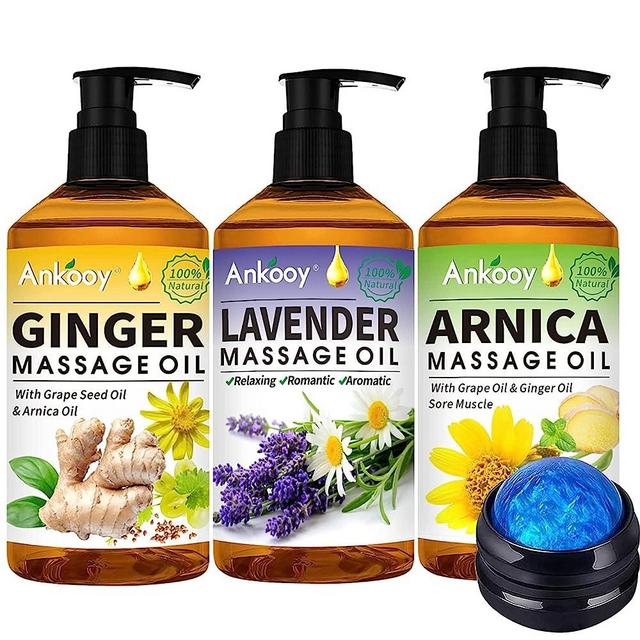 3 Pack Massage Oil for Massage Therapy with Massage Roller Ball,Ginger Oil Lymphatic Drainage & Arnica Sore Muscle & Lavender Relaxing Massage Oils-Spa Gift Mothers Day Fathers Day Gift for Men Women