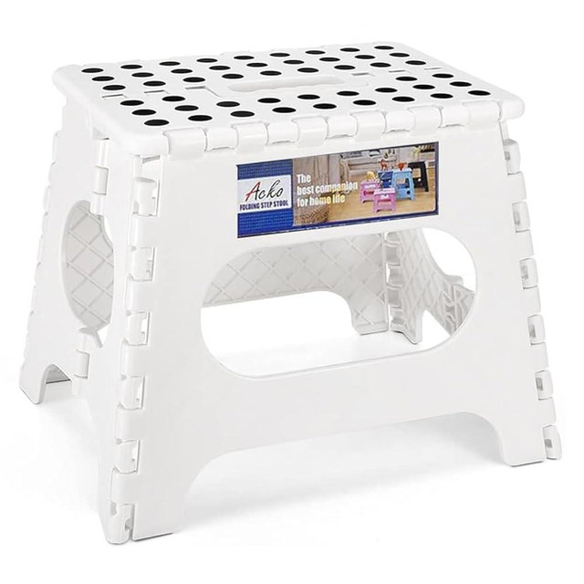 ACKO 11 Inch Folding Step Stool, Non-Slip Foldable Step Stools up to 300lbs for Kids and Adults, Portable Lightweight Collapsible Stool with Handle, for Kitchen Bathroom, White