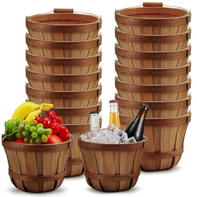 Marsui 16 Pcs Round Wooden Apple Baskets Small Bushel with Handles for Gifts Empty Basket Fruit Buckets for Garden Picking Strawberry Fruits Flowers Crafts Easter Home Wedding (Dark Brown)