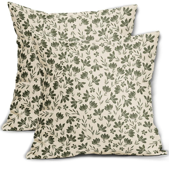 Olive Green Floral Pillow Covers 18x18 Set of 2 Vintage Rustic Old Style Cute Small Flower Green Cream Print Decorative Outdoor Pillowcases Farmhouse Throw Cushion Case Decor for Couch Sofa Bed