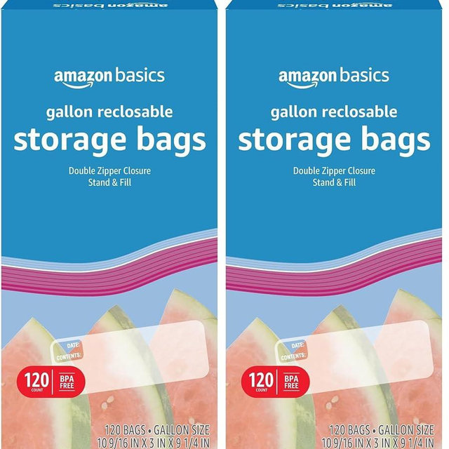 Amazon Basics Reclosable Gallon Food Storage Bags | Stand & Fill Base | 120 Count | Pack of 2