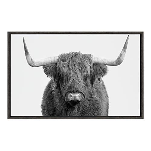 Kate and Laurel Sylvie Highland Cow Portrait Framed Canvas by Amy Peterson, 23x33, Gray