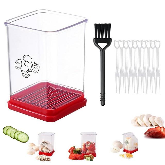 Fruit and Vegetable Slicer, strawberry slicer cup, Kitchen Gadget for Slicing Fruit Cups and Chopping Food. Suitable for Cutting Bananas, Grapes, Carrots, Apples, and Eggs, Give Brush and Forks
