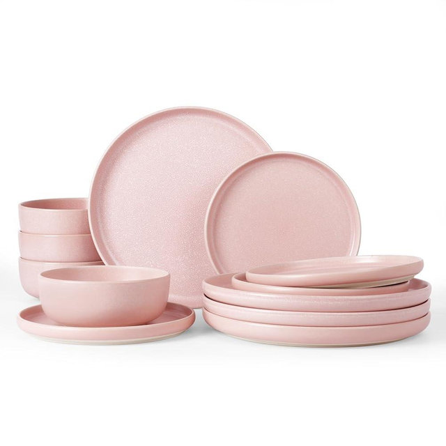 Famiware Milkyway Plates and Bowls Sets, 12 Pieces Dinnerware Sets, Reactive Glaze Dish Set, Stoneware Dishes Set for 4, Light Pink