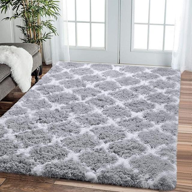 Comeet Modern Geometric Fluffy Area Rugs for Livingroom Grey White 5x8 Shag Rugs for Bedroom Fuzzy Plush Kids Carpet Furry Shaggy Indoor Home Decor Nursery Baby Girls Boys Comfy Accent Floor Mat