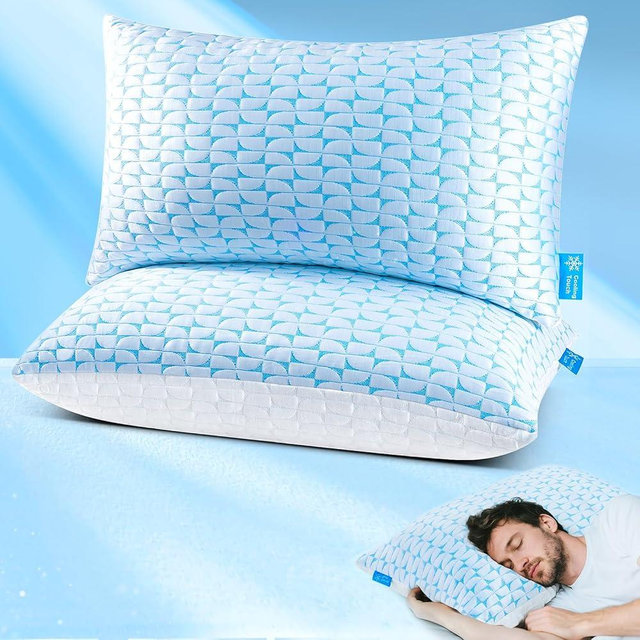 QUTOOL Firm Pillow King Size Pillows Set of 2 Adjustable Shredded Memory Foam, Cooling Pillow for Side Sleeper, Supportive Bed Pillows for Sleeping, Washable Removable Cover, Blue