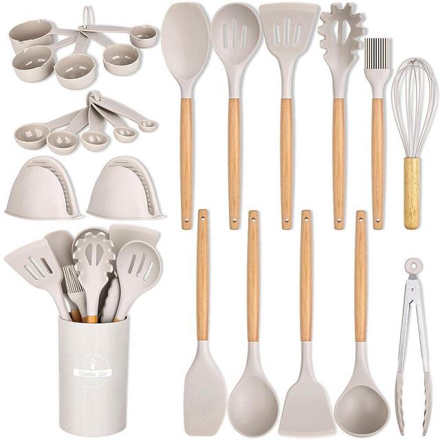 24 Pcs Kitchen Cooking Utensils Set, 446°F Heat Resistant Non-Stick Silicone Kitchen Utensil Set With Wooden Handles and Holder, BPA FREE Gadgets for Cookware, Kitchen Accessories, Khaki