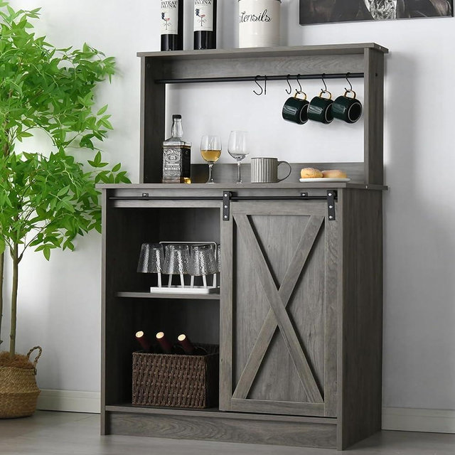 Farmhouse Coffee Bar Cabinet with 6 Hooks, Gray Buffet Cabinet with Sliding Barn Door, Kitchen Buffet Storage Cabinet with Adjustable Shelf, Coffee Wine Bar Table for Dining Room, Living Room
