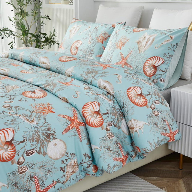 Brandream Beach Bedding Cal King Cotton Luxury Coastal Bedding Set 3Pcs Starfish Conch Print Ocean Egyptian Cotton Comforter Set(Sheets Sold Separately)