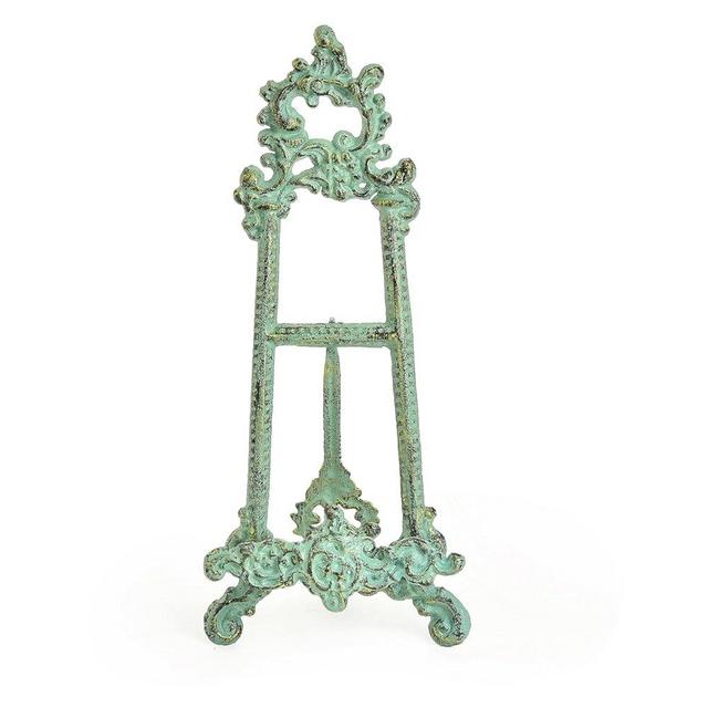 Sungmor Vintage Cast Iron Cookbook Stand, Small Ornate Easel Fleur De Lis Stand, 15.5" Tall Antique Green Table Top Display Holder for Recipe Book, Picture Frame, Plate, Home Kitchen Decor