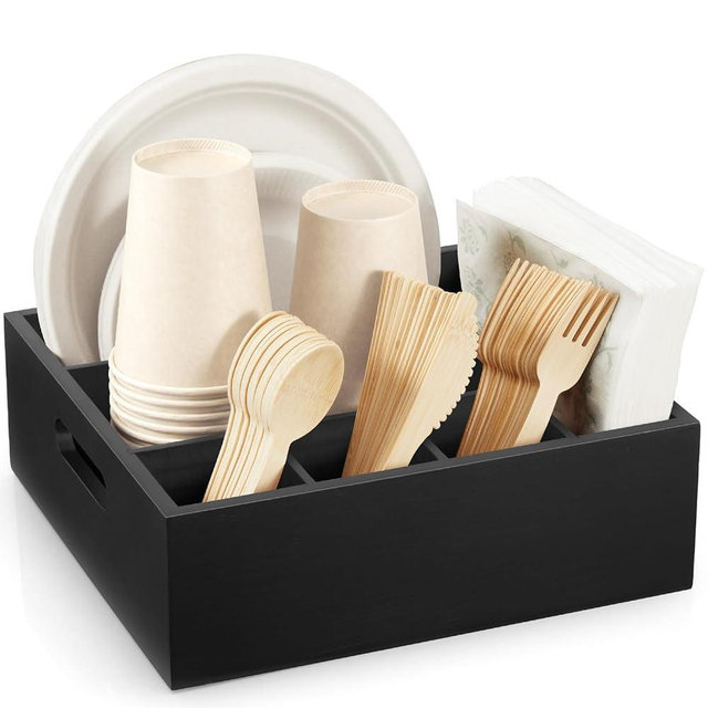 GCWSTJK Black Wood Utensil Holder for Party - Paper Plate Organizer for Countertop - Silverware Caddy with 6 Compartments for Plate Cup Fork Spoon - Cutlery Holder for Kitchen Camping Buffet