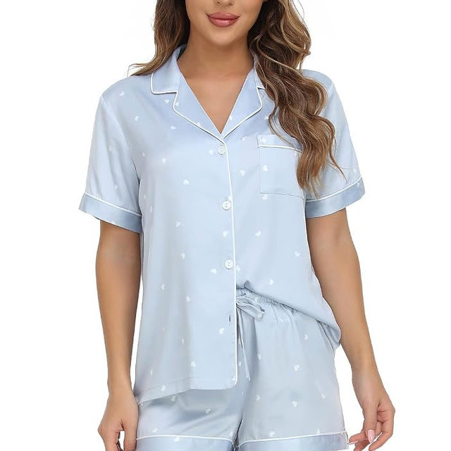 Serenedelicacy Women's Satin Pajama Set 2-Piece Sleepwear Loungewear Button Down Short Sleeve Silky PJ Set