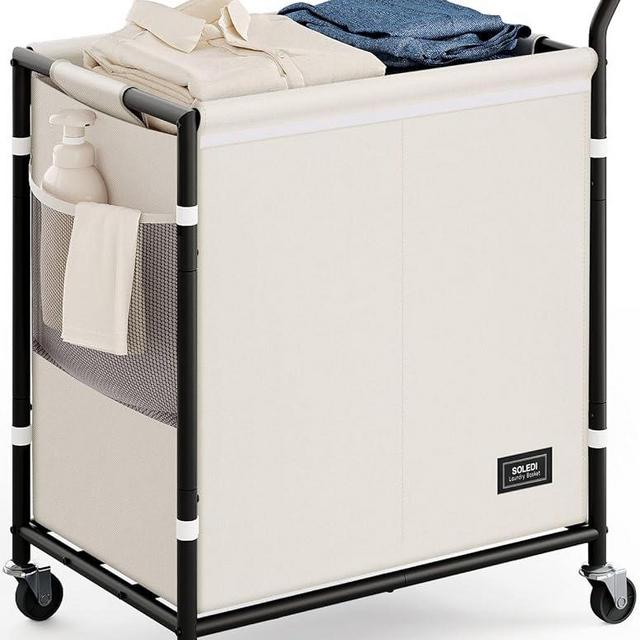SOLEDI Laundry Basket with Wheels,38 Gallons(145L) Laundry Hamper 2 Section,Sturdy Metal Frame with Handle,Laundry Cart,Rolling Laundry Basket for Bedroom Aesthetic,Easy to Assemble,Ivory