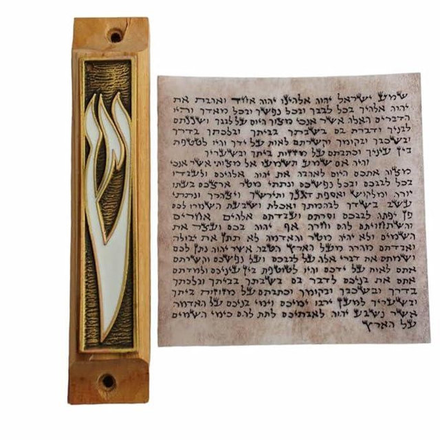 Olive Wood Brass Gold White Enamel Door Jewish Shin Mezuzah Case w/Non-Kosher Scroll Traditional Handmade Klaf Parchment 3.8"/10cm, for Home Protection and Blessings Jerusalem