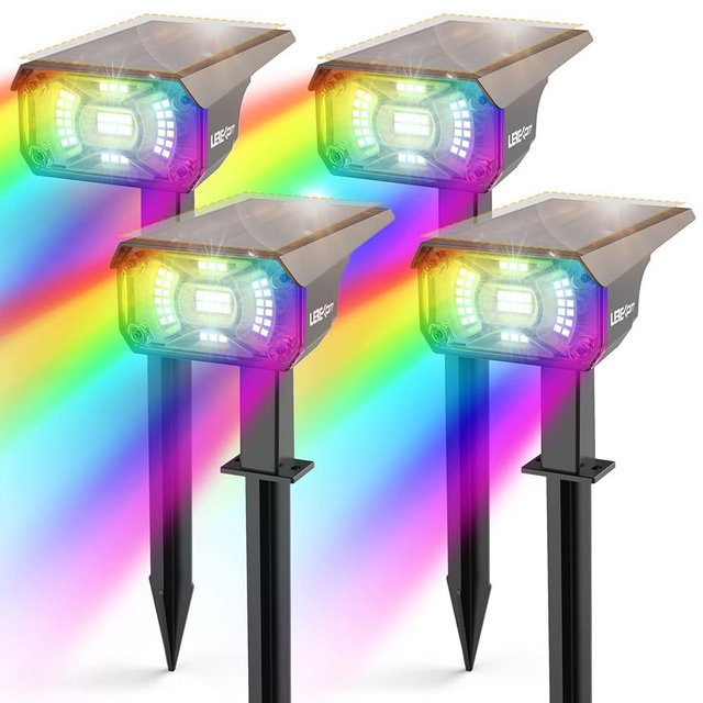 LEREKAM Color Solar Lights Outdoor Waterproof Spotlights with 9 Light Modes, Color Changing Solar Outdoor Lights for Decorate Festivals, Colored Solar Spot Lights Auto On/Off, RGBW Landscape Lights