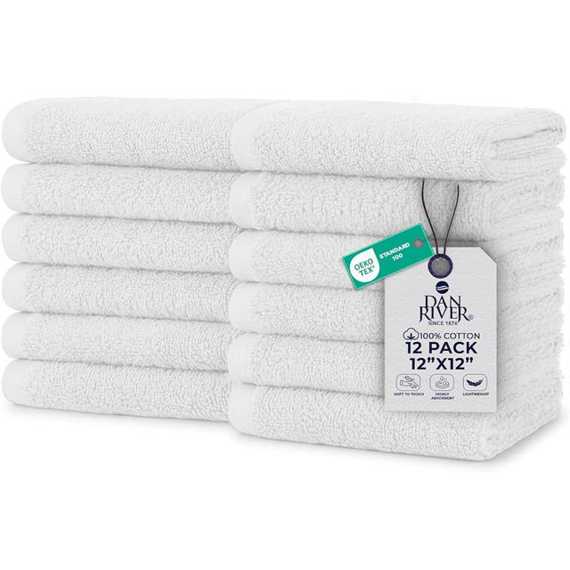 DAN RIVER 12 Pack Wash Cloths for Showering [12x12] - 100% Cotton Washcloths Premium Quality Flannel Face Cloths for Bathroom, Highly Absorbent and Soft Feel Wash Clothes, White