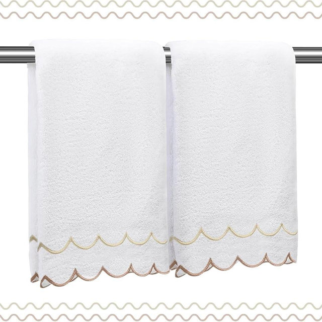RRBXIA 100% Cotton Hand Towels for Bathroom 2 Pcs Scalloped Hand Towels 16 * 27 Inch Embroidered Decorative 600 GSM Soft Absorbent Bath Towel for Spa Yoga Hotel Sport (Bowrn)