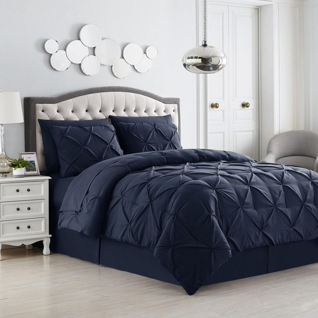 8 Piece Pinch Pleated Bed In a Bag All Season Complete Set, Queen, Navy Blue