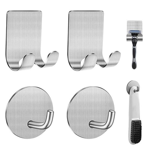 Diesisa Razor Holder for Shower + Adhesive Wall Hooks, Premium 304 Stainless Steel Shower Razor Holder with Heavy Duty Waterproof Sticky Hooks for Hanging Towels, Coat, hat (2+2 Pack)