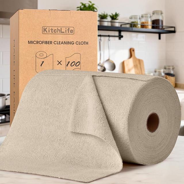 KitchLife Microfiber Cleaning Cloth Roll, 100 Pack - Tear-Away Microfiber Paper Towels, Lint-Free, Reusable, Washable for Kitchen, Car, Dishes, and Sensitive Surfaces (Sand Beige)
