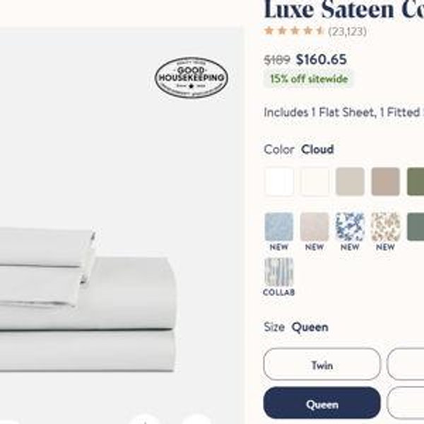 Luxe Sateen Core Sheet Set. Size Queen. Color Cloud