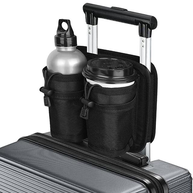 DA LI SHI Luggage Travel Cup Holder For Hands Free Traveling Luggage Travel Cup Holder with Two Cup Holders and Zipper Bag Free Hand Travel Caddy Fits All Suitcase Handle Travel Accessories (Black)