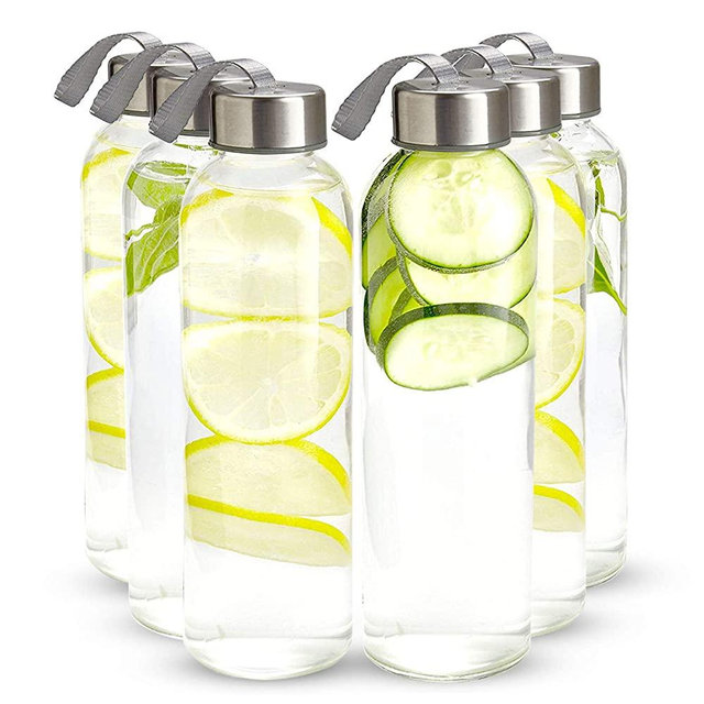 16 Ounce Glass Water Bottles, Pack of 6 Reusable Water Bottles with Airtight Stainless Steel Lids, Nylon Carrying Strap Protective Sleeves for Hot Or Cold Drinks.