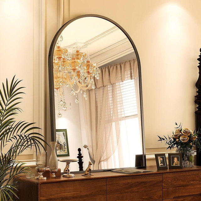 VooBang Arched Wall Mirror, 38 x 26 inch Arch Bathroom Mirror, Wall Mounted Vanity Mirror with Arch Metal Frame, Modern Bathroom Vanity Mirror for Bedroom, Living Room, Hanging or Leaning, Black