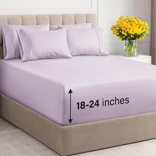 Extra Deep King Sheet Set - 6 Piece Breathable & Cooling Sheets - Hotel Luxury Bedding Set w/18-24 Inch Extra Deep Pockets - Easy Fit - Super Soft, Wrinkle Free and Comfy - Light Lavender, King Size