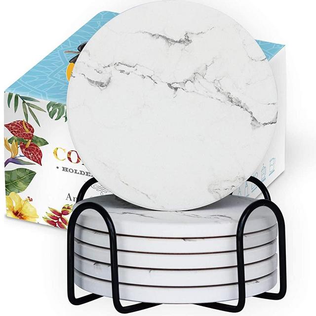 Coasters for Drinks | Absorbent Marble Drink Coaster Set of 6 with Holder | Housewarming Hostess Gifts, Novelty Man Cave House Warming Presents Decor, Wedding Registry, Unique Decorations, Gift Ideas