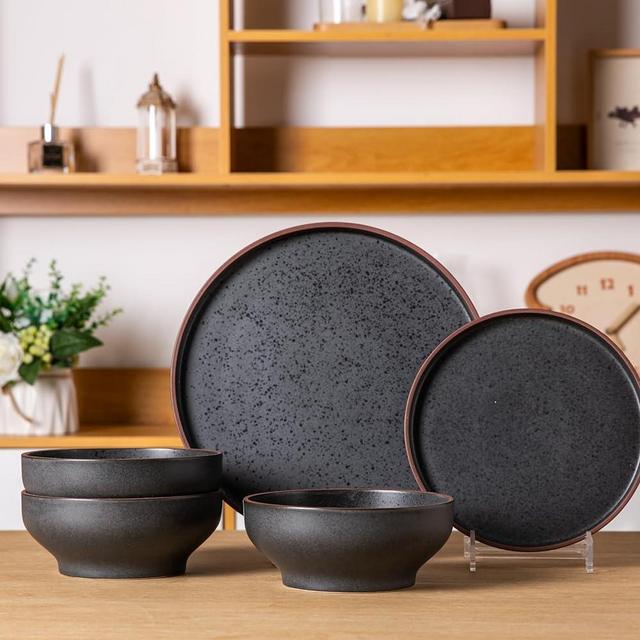 LERATIO Ceramic Dinnerware Sets of 4, Speckled Stoneware Plates and Bowls Set, Chip and Crack Resistant | Oven & Dishwasher & Microwave Safe Dishes Set, Service for 4 - Coffee Rim (12 PCS)