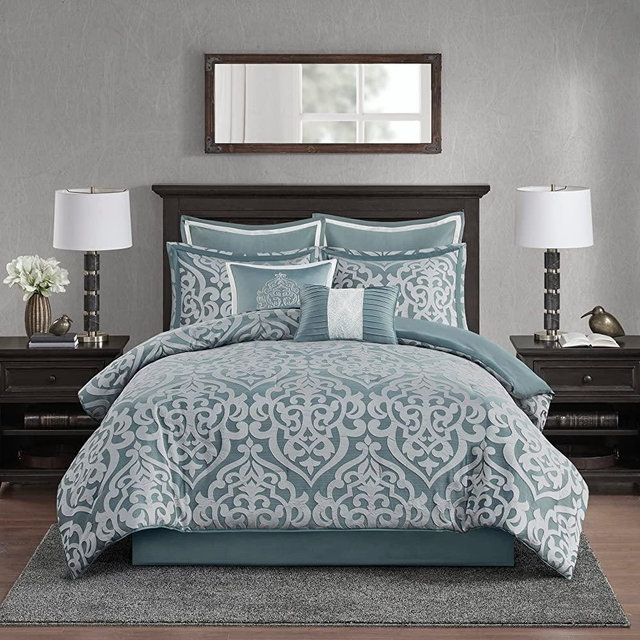 Madison Park Odette Cozy Comforter Set Jacquard Damask Medallion Design - Modern All Season, Down Alternative Bedding, Shams, Decorative Pillows, King(104 in x 92 in), Aqua