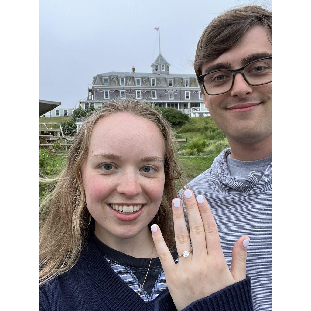 Post-engagement excitement after Max proposed at the Island Inn on Monhegan Island, ME!
