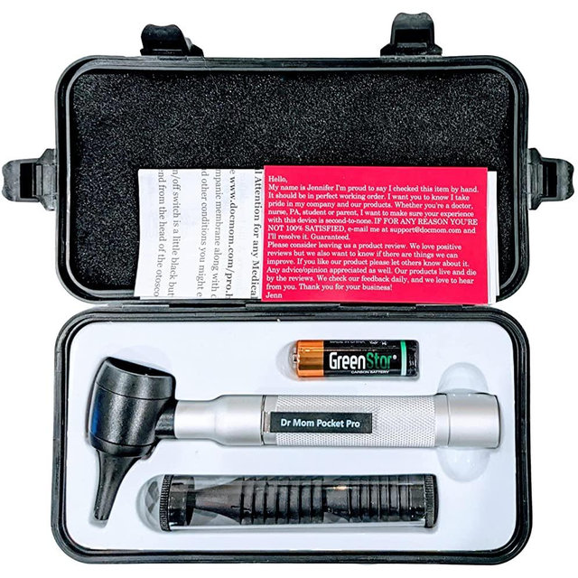 4th Generation Dr Mom LED Pocket Otoscope and Both Adult and Pediatric Disposable Specula Tips and Protective Hard Plastic Case