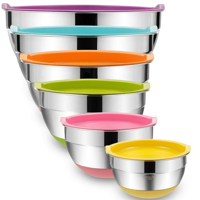Mixing Bowls with Airtight Lids, 6 piece Stainless Steel Metal Bowls by Umite Chef, Colorful Non-Slip Bottoms Size 7, 3.5, 2.5, 2.0,1.5, 1QT, Great for Mixing Serving
