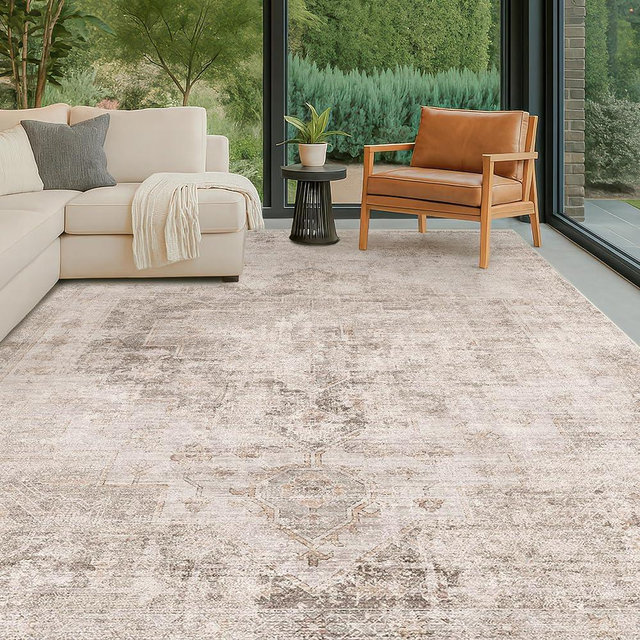 Hazo Haus Distressed Farmhouse 5x7 Washable Rug for Living Room, Bedroom, Foyer, Under Dining Table, Neutral Abstract Medallion, Ultra Soft Faux Wool Non Slip Low Pile Stain Resistant, Beige & Brown
