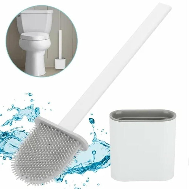 Toilet Brush Silicone and Holder Set – Pack of 1 Wall Mounted Toilet Brush White – Long Non-Slip Handle, Flexible Bristles for Easy Cleaning – Modern Toilet Scrubber Brush