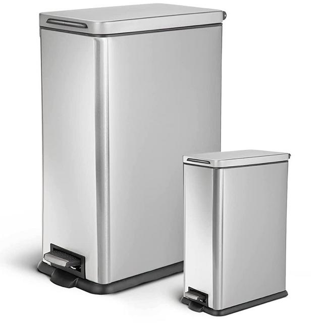 Home Zone Living 12 Gallon and 2.5 Gallon Kitchen Trash Can Combo Set, Slim Body Stainless Steel Design, 45 Liter and 9.7 Liter Capacity, Silver