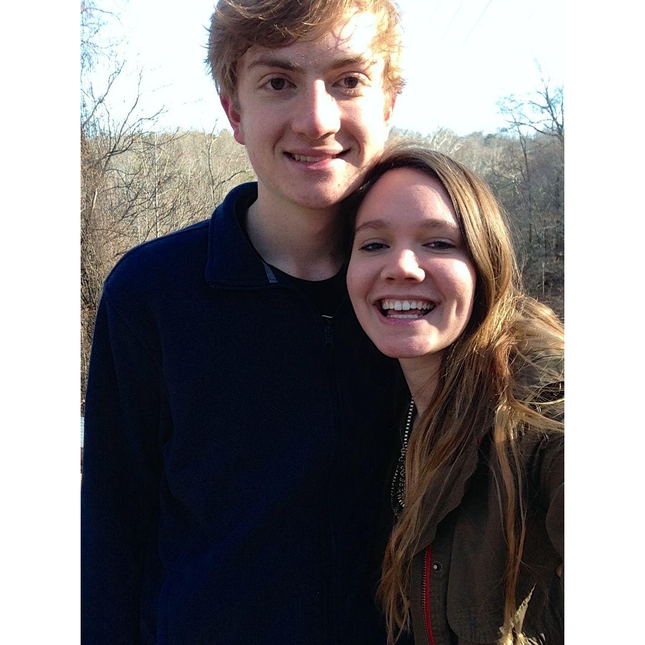 Addie and Jake's first picture together at one of their favorite trails in Lynchburg—Blackwater Creek.