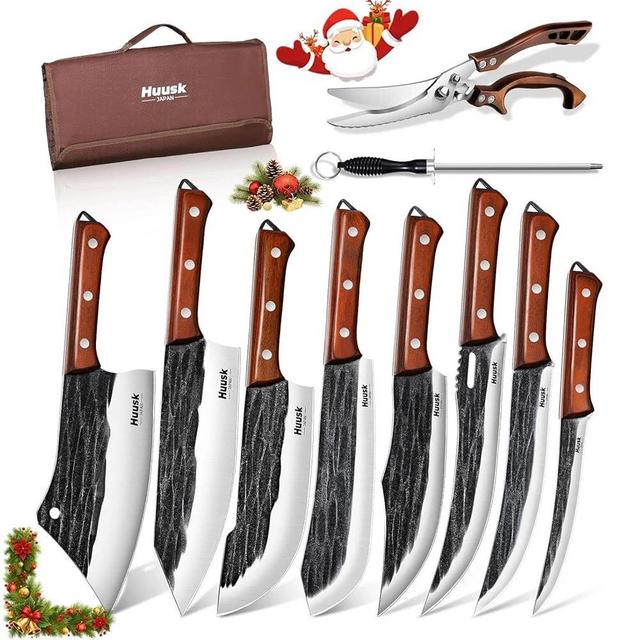 Huusk Butcher Knife Set, Hand Forged Butcher Chef Knife Set with Bag, Sharp Meat Cleaver & Bbq Carving Knives & Boning Breaking Knives for Kitchen & Camping, Christmas Gifts for Men Women