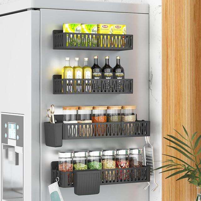 Sevenblue 4 Pack Magnetic Spice Rack for Refrigerator, Moveable Magnetic Shelf Fridge Organizer with 4 Hooks and 2 Hanging Cups for Kitchen Organization, Black